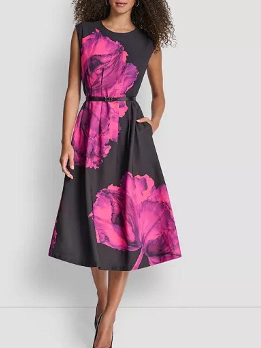 Dkny Women's Sleeveless Jewel Neck Fit and Flare Midi Dress